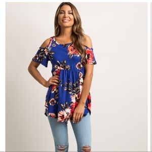 Blue Floral Cold Shoulder Peplum Top [maternity]